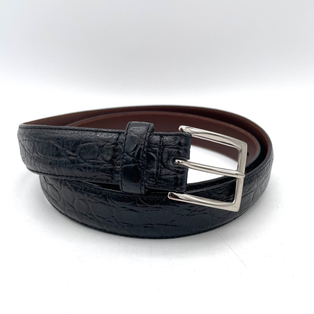 Cole Haan Belt Leather Mens 38 Black Excellent Crocodile Embossed Solid Brass